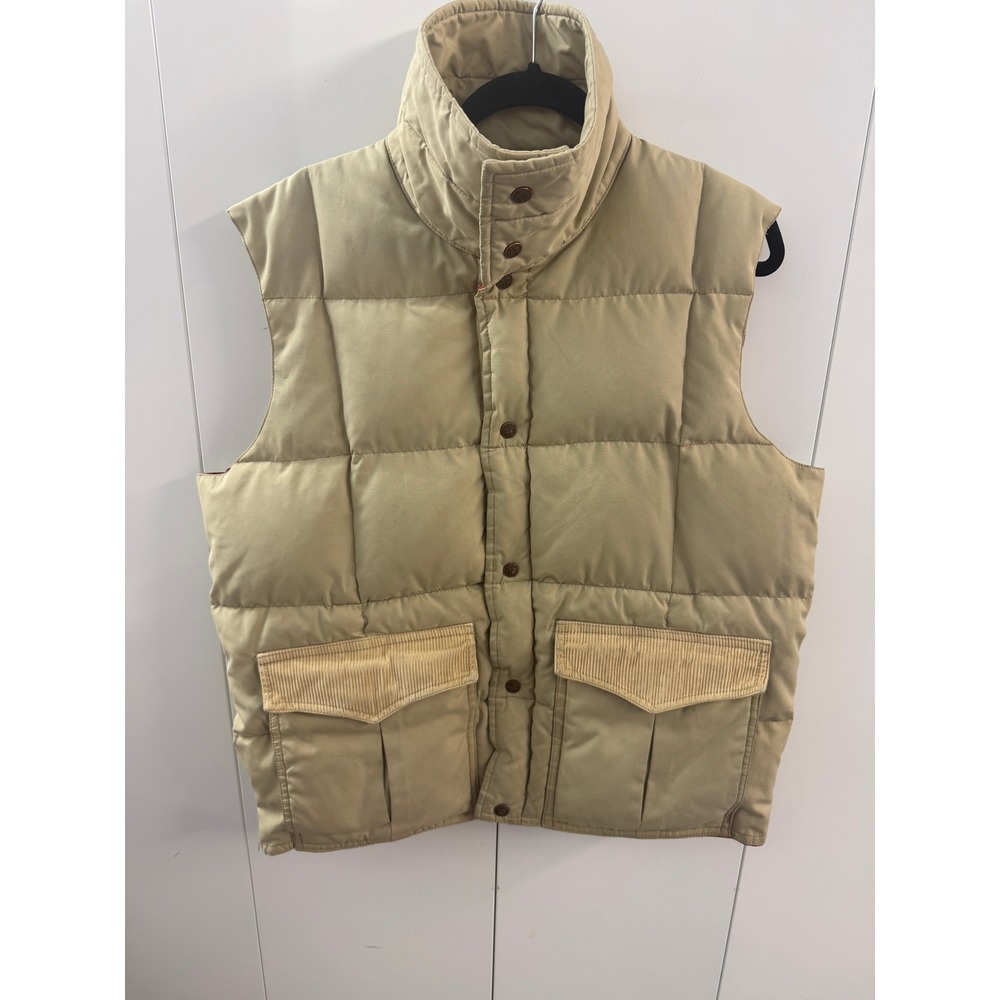 Vintage Down Designs Reversible Puffer Vest Tan Orange Mens L Outdoor Camping